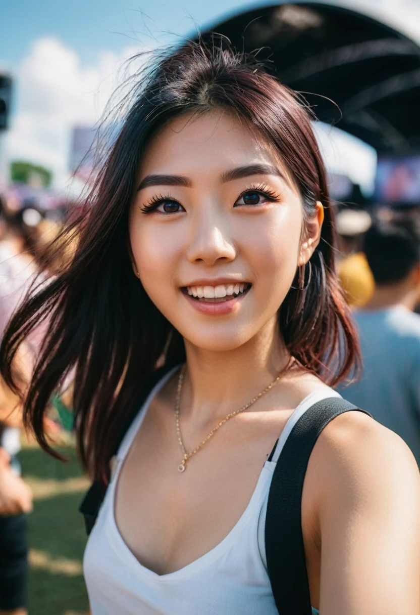 ultra high-definition photo of a Japanese Instagram influencer, female, 20-25 years old, in the style of viral social media photos, photorealistic, posing at a music festival, excited and animated expressions, wide angle, high detail, shot on a Sony A7III