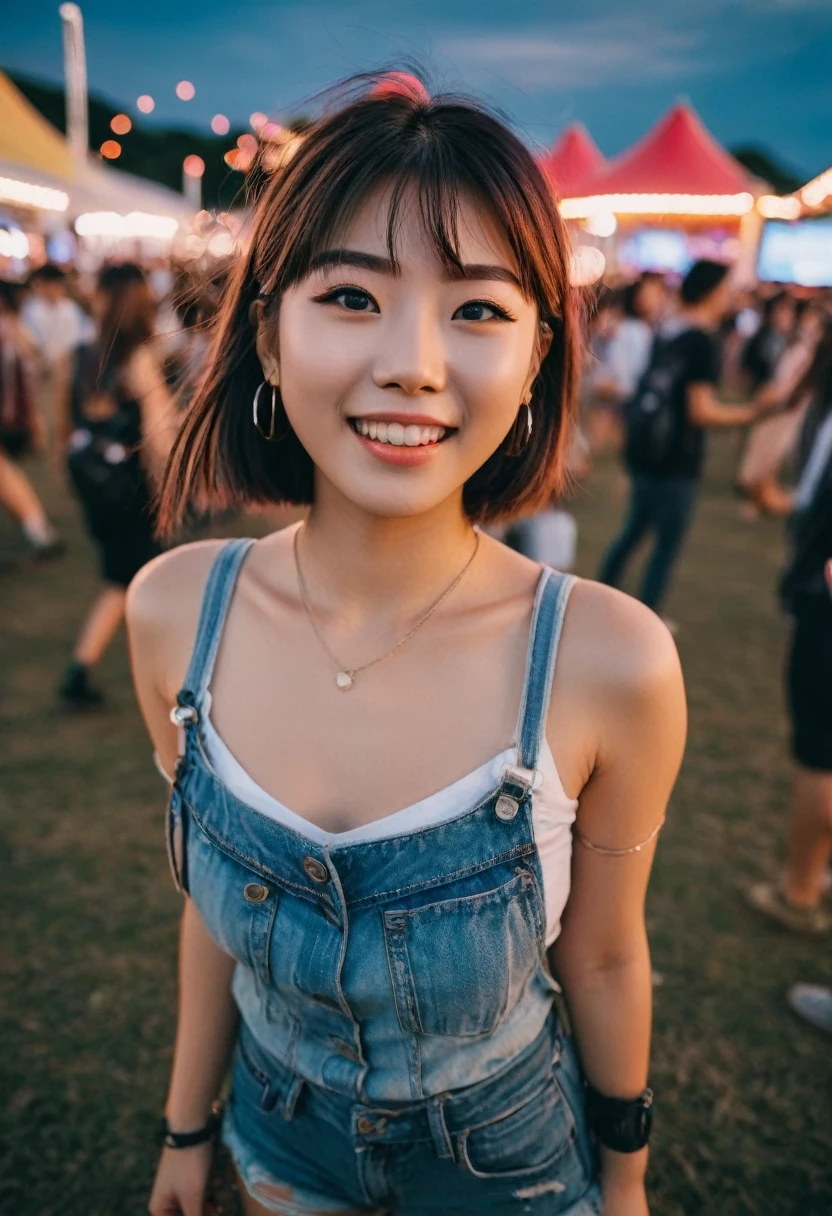 ultra high-definition photo of a Japanese Instagram influencer, female, 20-25 years old, in the style of viral social media photos, photorealistic, posing at a music festival, excited and animated expressions, wide angle, high detail, shot on a Sony A7III