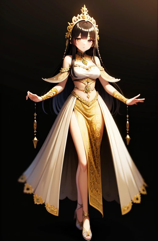 masterpiece, highest quality, One girl, Black Hair, Long Hair, whole body, concentrated, Elegant pose, Are standing, alone, View your viewers, Ancient Arabian Fashion, Exotic clothing, Intricate details, Royal, gemstone jewelry, (Simple black background), 8k, High resolution