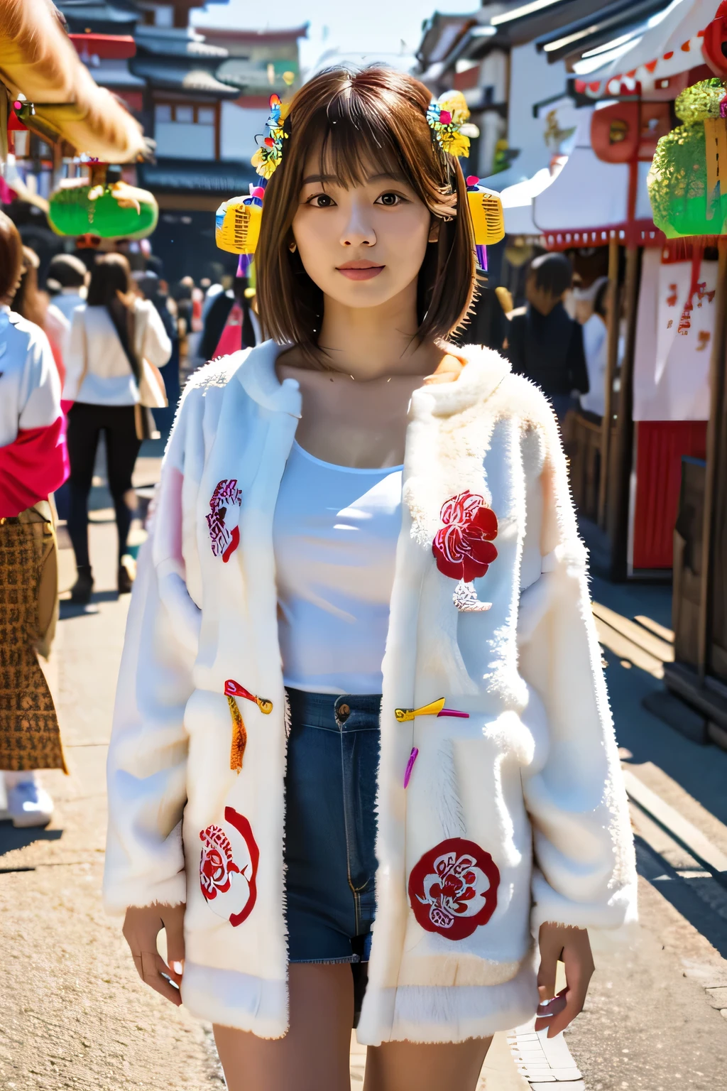 highest quality, Photorealistic, Very detailed, finely, High resolution, 8K Wallpaper, Professional, High level of detail, ((One 18 year old girl:1.2)), Slender Japanese women,Pretty lips, (Beautiful long lashes:1.2)、Detailed clavicle, Perfect Face, (Cute short bob hair:1.5),Top Quality，Ultra-clear resolution，Clear Eyes，Sunburned skin，Perfect large breasts，have perfect legs，(Enjoy the festival fair:1.5)、(Posing wearing a Japanese festival happi coat:1.5)、(Full-body photo:1.5)