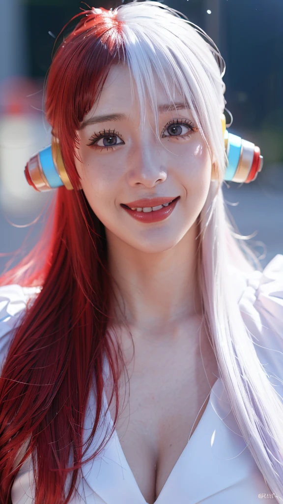 1girl,uta in anime onepiece,red and white hair,red eyes,beautiful smile,white clothes,city background,(best quality,4k,8k,highres,masterpiece:1.2),ultra-detailed,(realistic,photorealistic,photo-realistic:1.37),red lips,portrait,anime,soft lighting,vibrant colors,strong shadows,subtle highlights,bokeh