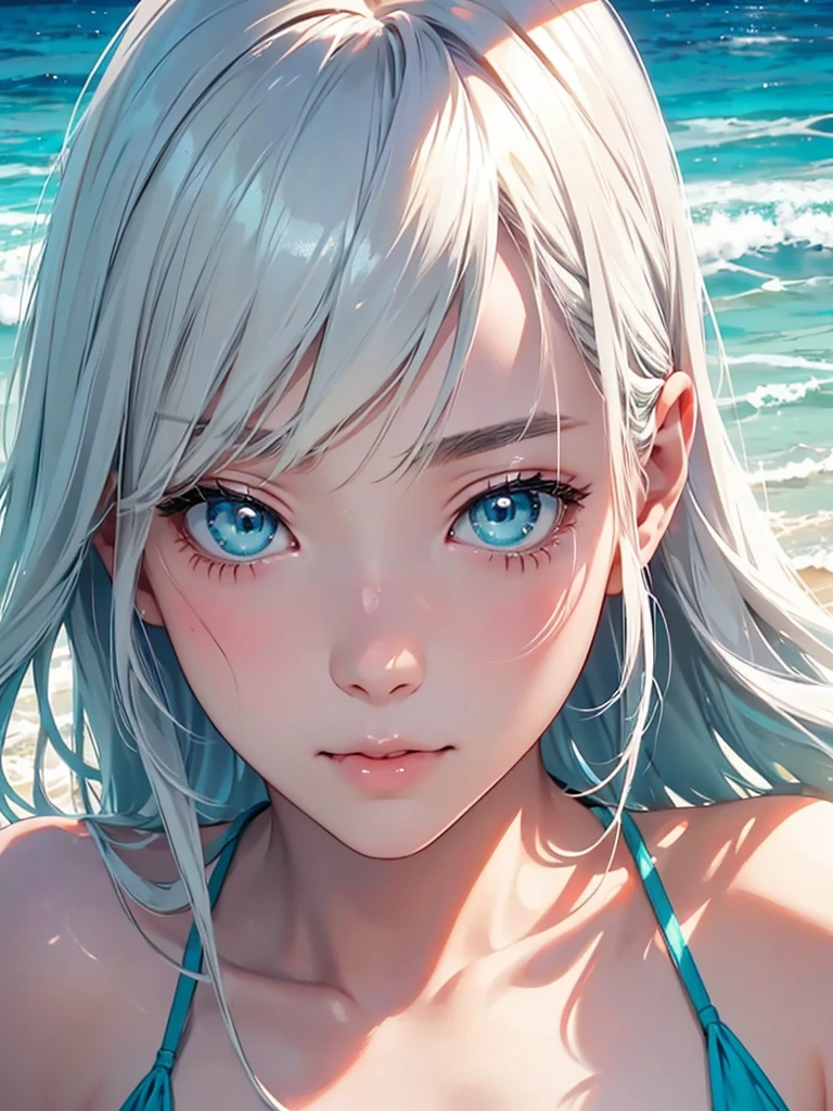 highest quality、Realistic、woman、Japanese、zoom、look up、cute、Ocean、Turquoise Eyes、Platinum Blonde Hair、Swimwear、slender、Small breasts、Face close-up
