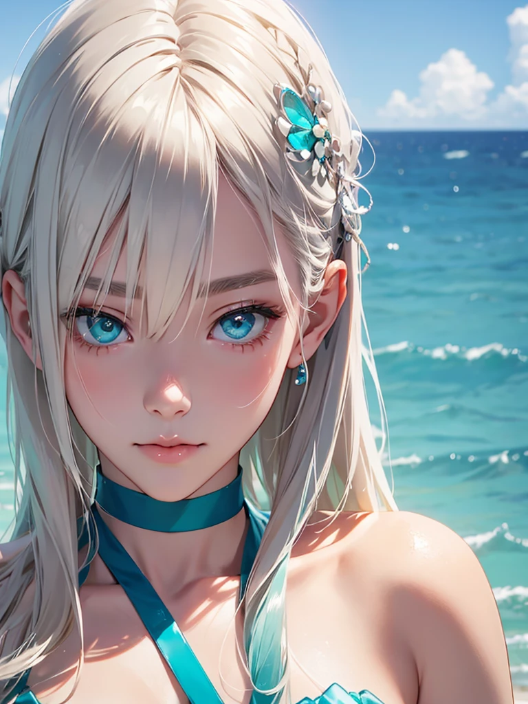 highest quality、Realistic、woman、Japanese、zoom、look up、cute、Ocean、Turquoise Eyes、Platinum Blonde Hair、Swimwear、slender、Small breasts、Face close-up