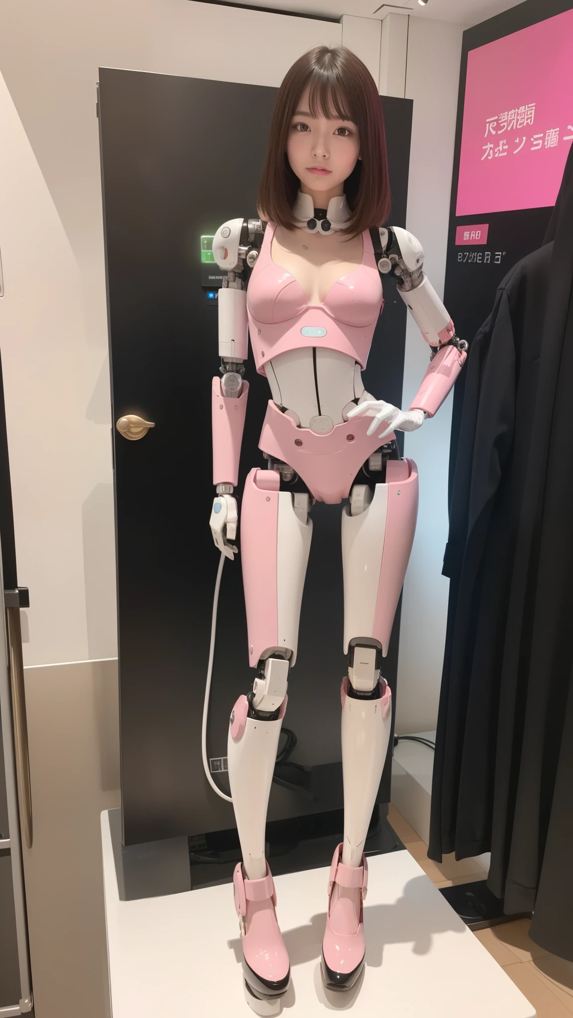 masterpiece, best quality, extremely detailed, (8K, 4K, Best Quality, Hight resolution, 超A high resolution:1.1), 8K portrait,1girl in, Japanese android girl, android teacher, control panels, android, Droid, Mechanical Hand, ,Robot arms and legs, Black hair, Mechanical body, Blunt bangs, Pink Robotics Parts, perfect robot woman, Charging spot, Long Tube, A thick cable was connected to her neck, ceramic body , android, robot humanoid, panty, full eyes, perfect mechanical body, pink robotics body, future assembly plant, Pink body, She has repaired, lack sponge joints, android assembly plant, android, laboratory, platform boots, perfect machine body, pink robot body