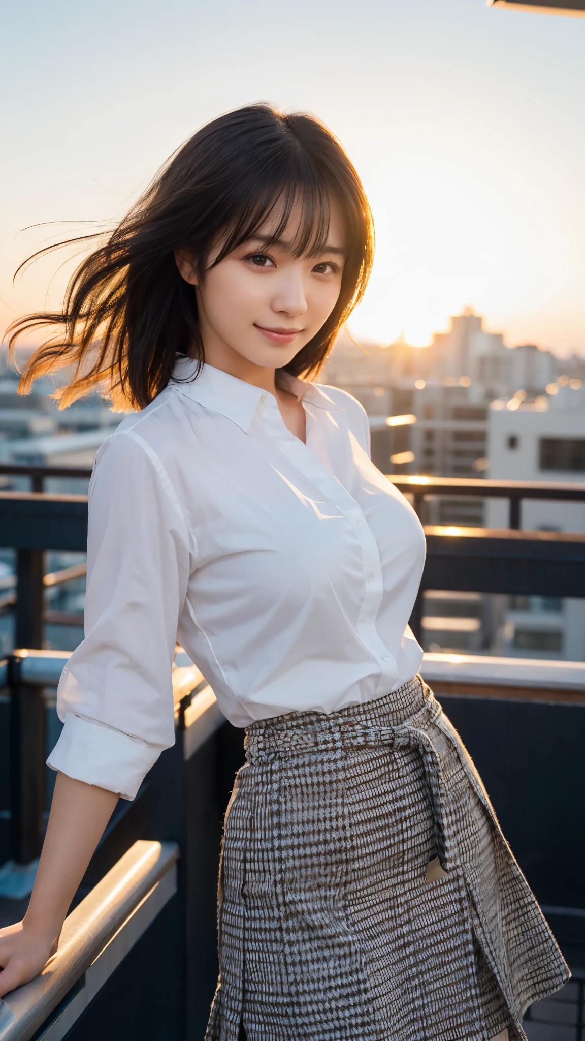 (highest quality,masterpiece:1.3,Ultra-high resolution),(Super detailed,Caustics,8k),(Photorealistic:1.4,RAW shooting),(Buckshot),Japanese,23 years old,cute,Are standing,(Smiling and looking at the camera),Black Hair Middle Hair,Big Breasts,White blouse,Knee-length skirt,Strong winds,Hair blowing in the wind,Rooftop,Backlight,Sunset,Sunset sky,Waist up shot,Face Focus,Face close up,Natural light