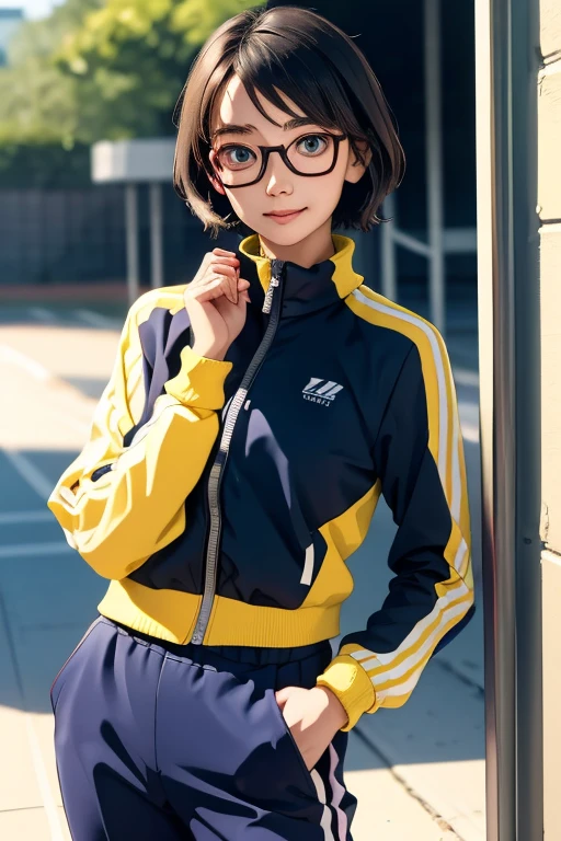(masterpiece, highest quality), One girl, Satou, Satou, Glasses, 赤いフレームのGlasses, Under-rim eyewear, Satou, Glasses, 赤いフレームのGlasses, Under-rim eyewear, Track jacket, Track pants