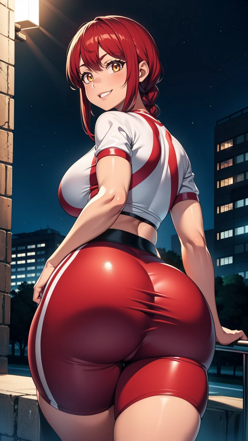 4K Quality, 1 girl, tomboy, determined smile, short black and red hair, braided hair, dark skinned, amber eyes, city background, in the park, big smile, thick thighs, big breasts, big ass, looking at viewer, red and black sportswear, nighttime