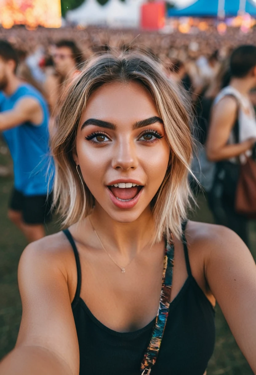 ultra high-definition photo of a Instagram influencer, female, 20-25 years old, in the style of viral social media photos, photorealistic, posing at a music festival, excited and animated expressions, wide angle, high detail, shot on a Sony A7III