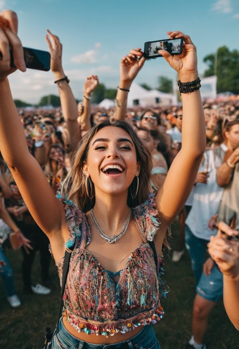 ultra high-definition photo of a Instagram influencer, female, 20-25 years old, in the style of viral social media photos, photorealistic, posing at a music festival, excited and animated expressions, wide angle, high detail, shot on a Sony A7III