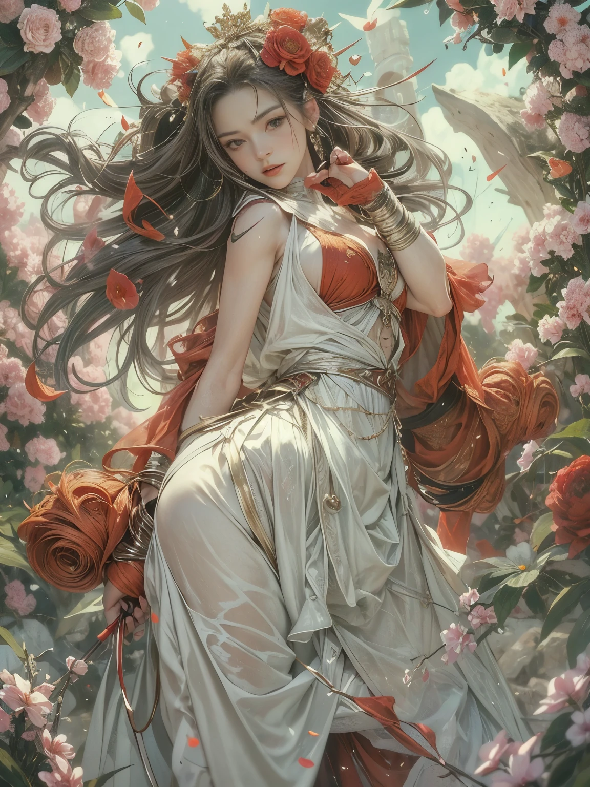 (8K, highest quality, masterpiece),(Realistic, RAW Photos, Super Fine Clear), Realistic Light, Detailed skin, Beautiful girl, ((25-year-old girl, Greek mythology Nike:1.5)), Thin legs, fine grain, white long hair, Detailed fingers, thin, Sexual, Ecstasy facial expression, (Super big boucing firm bust), The chest part of the dress is wide open, Chest exposed, (deep scarlet dress), (flower garden, Flower storm), lakeside palace, (in battle:1.5)