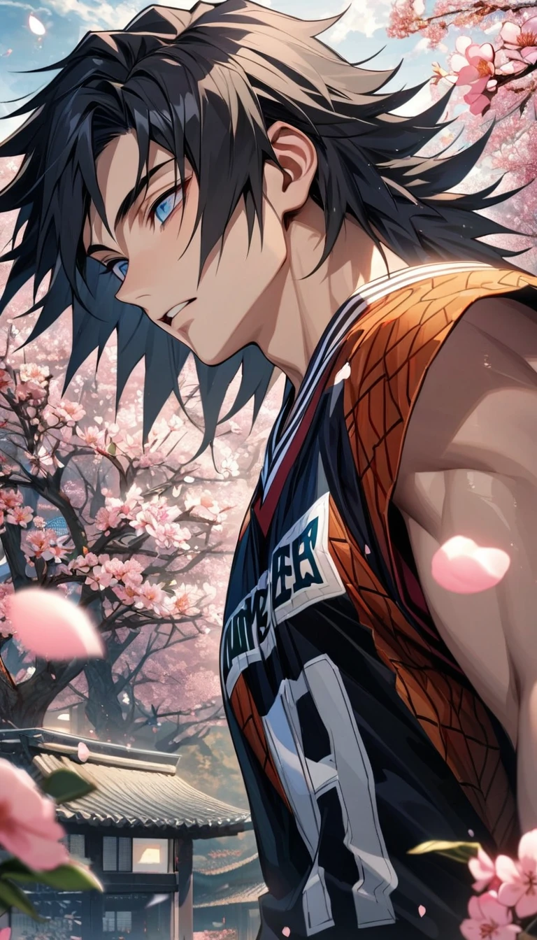 Ultra detailed, Highres, HDR, absurdres, Tomioka Giyuu, black hair with bangs, expressive blue eyes, patterns, Kimetsu No Yaiba, sexy man, handsome, solo, extremely detailed face and eyes, petals, blossoms, spring, master piece, basketball uniform,