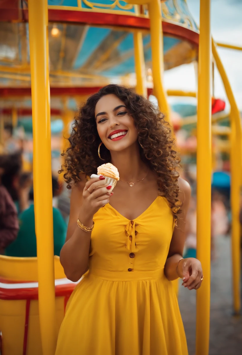 rei, olhos castanhos,29 anos , curly hair at the amusement park eating ice cream in a yellow dress, sorrindo , feliz