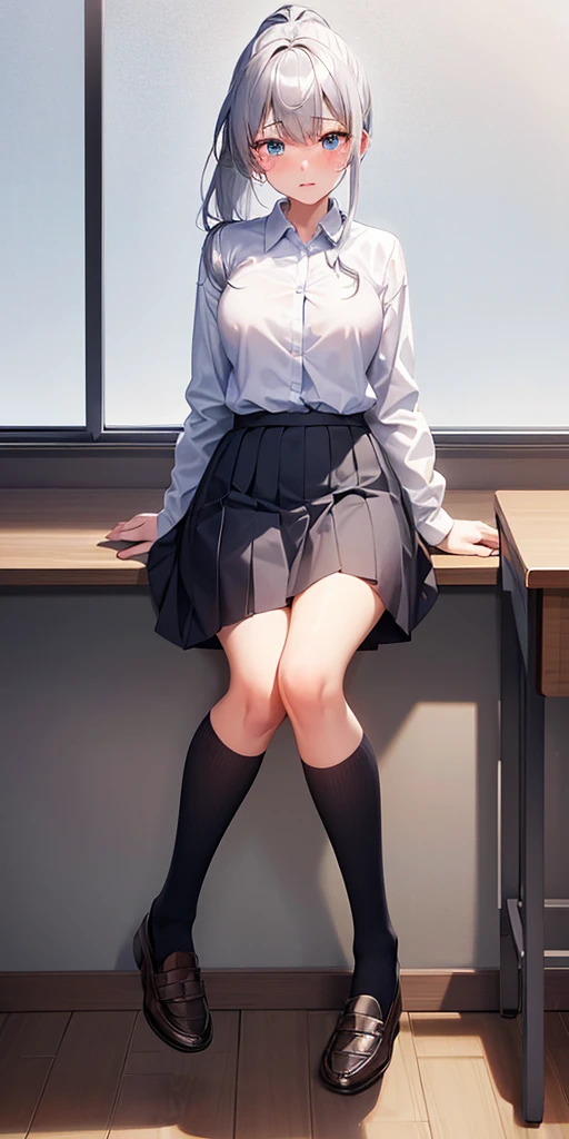 (highest quality())classroom,whole body,looking at the camera,One cute  girl,female student uniform,short skirt of black color,,nsfw,tears,cry,Silver-haired blue eyes, face,white socks,ponytail,blush,loafers、I&#39;m shedding tears,lie in bed