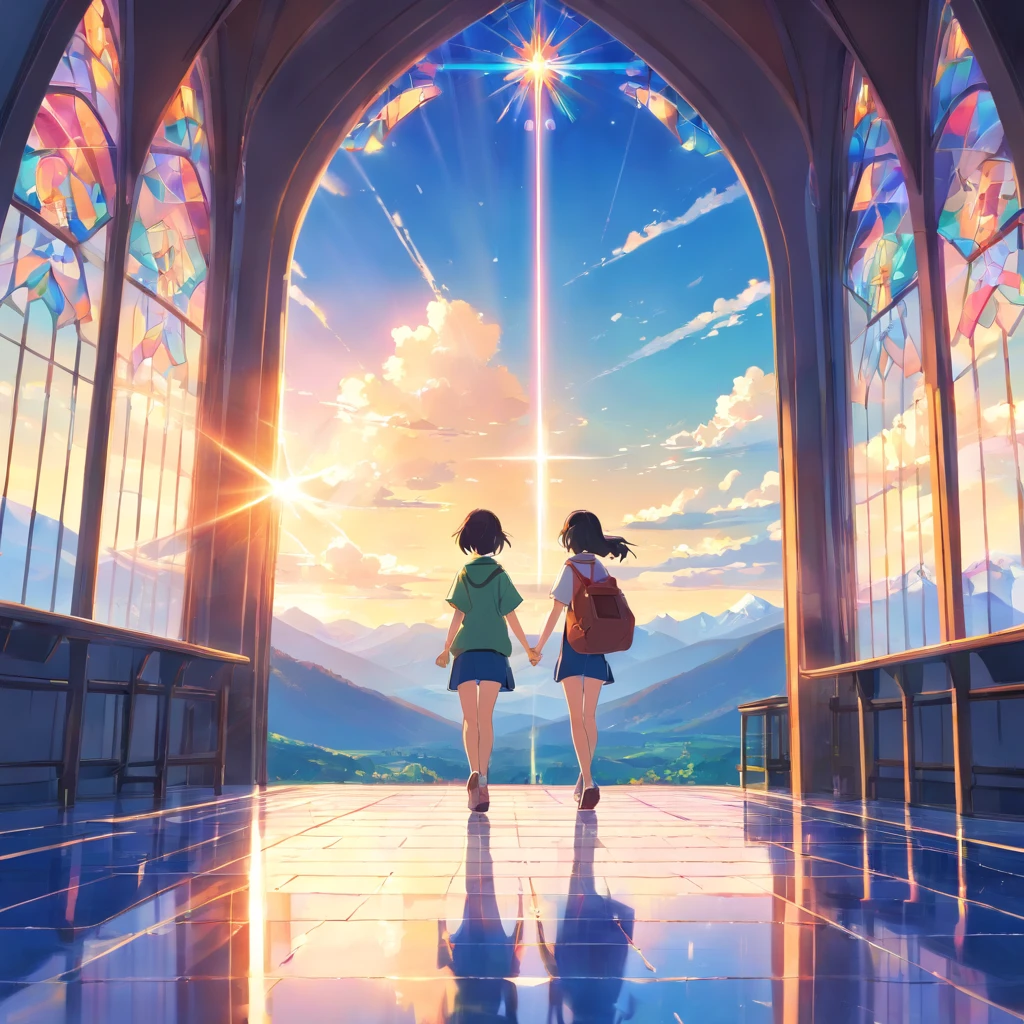 masterpiece、highest quality、Super fine、Lens flare、open、Spectacular views、nature、mountains、blue sky、Stained glass floor、one person、Walking People