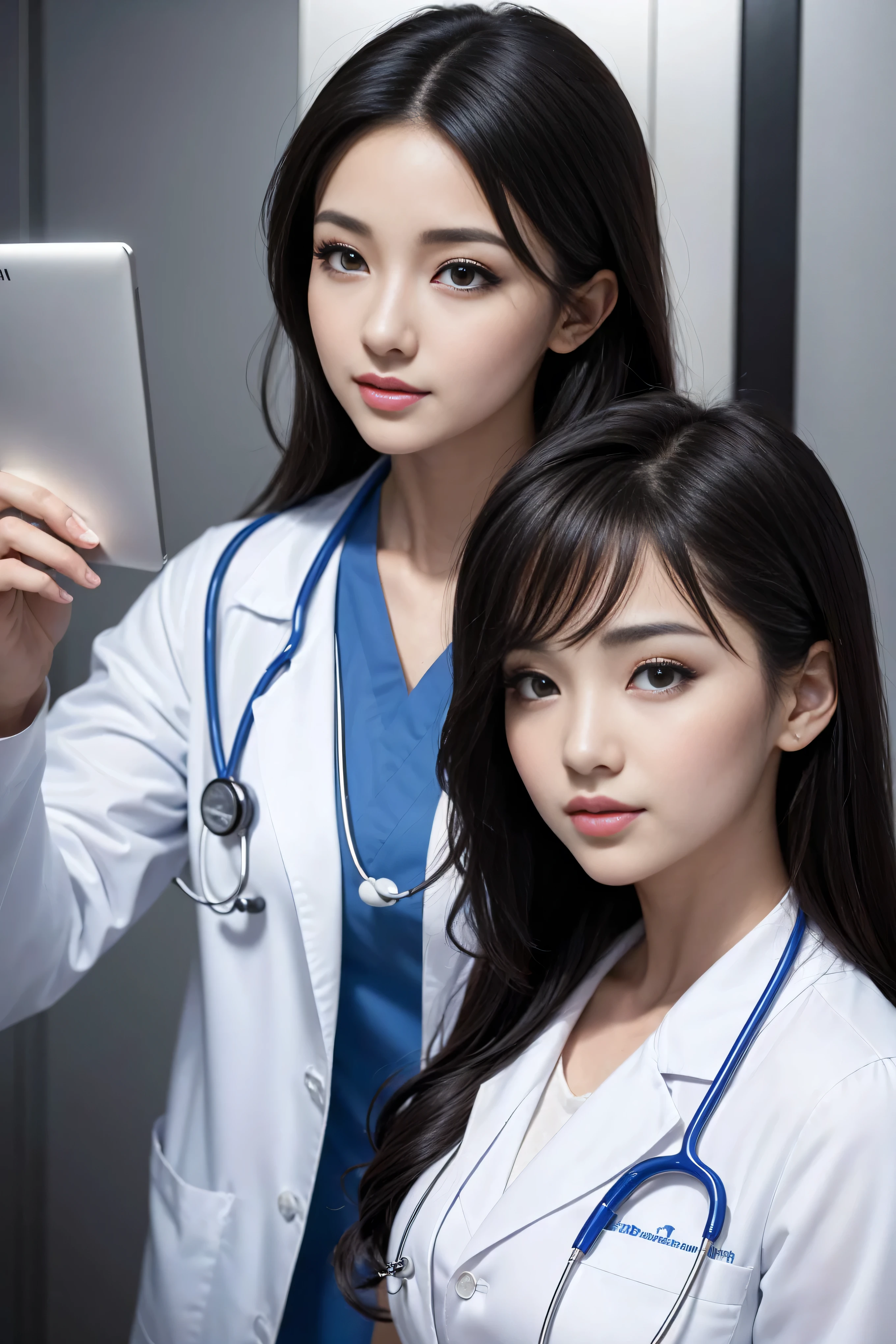 Realistic beautiful doctor、Stunningly beautiful、Doctor's white coat, Collared shirt、(Top quality、8K、32K、masterpiece、North African Trade Zone:1.3)、Ultra-high resolution,(Reality:1.4),Original Photography, Detailed face,,Beautiful hair, ((Doctor style)),,((Leg length)), (Thigh gap:1.5), , Black tight skirt、 Natural Makeup,, Big plump breasts、In the hospital, Detailed background, Perfect lighting, Depth of Field, Beautiful shadow gradient,Stethoscope ,