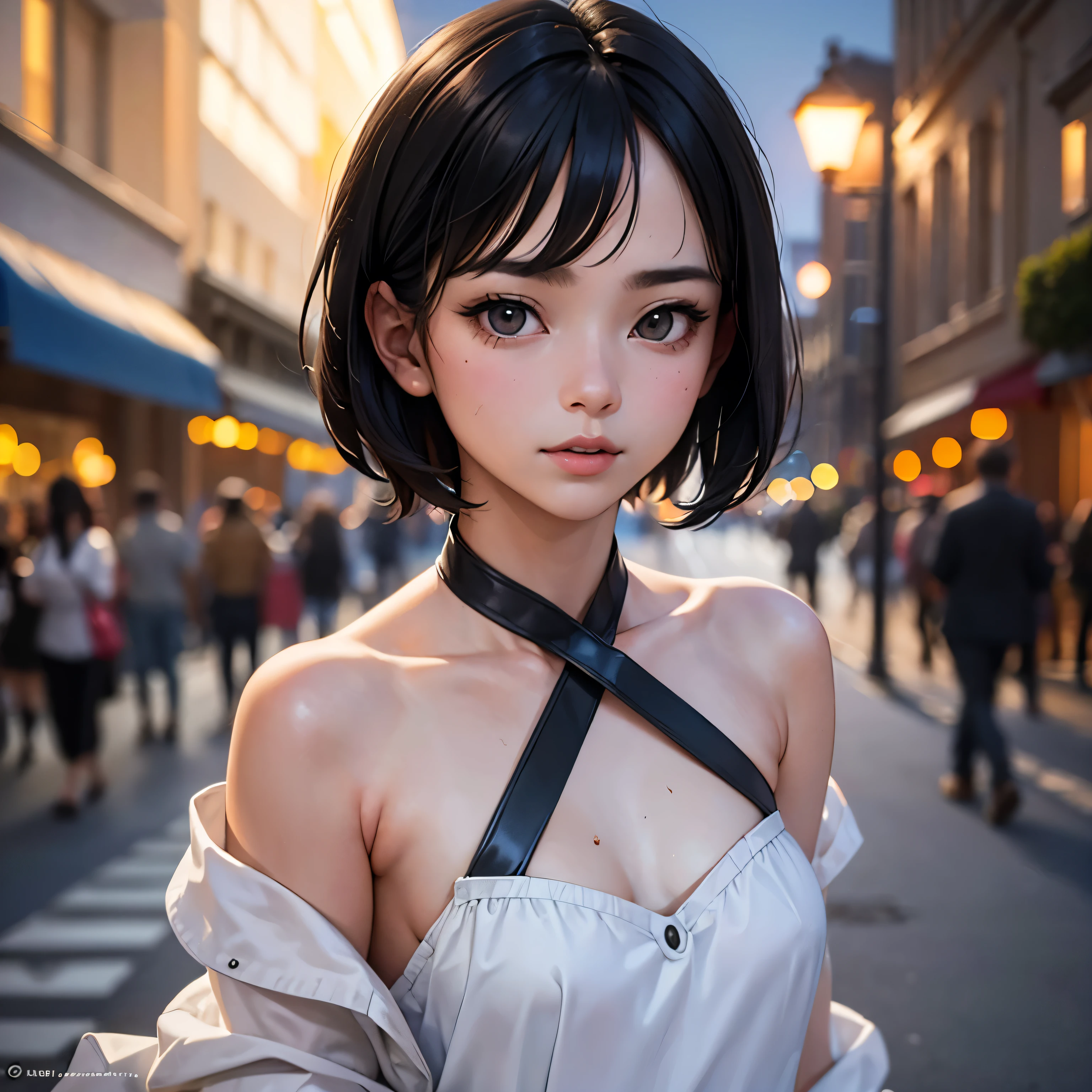 (Half Body Shot,Street lamp,moon),masterpiece, One girl, Solo Exhibitions, Beautiful woman on a busy street, Surrounded by peddlers, Beautiful Goddess Girl Portrait, Beautiful and elaborate face, Porcelain-like skin, (((Bust Shot, center, night, Black Hair, short hair)), Very soft lighting, Symmetric, complicated, grace, Attention to detail, realism, art, concept art,