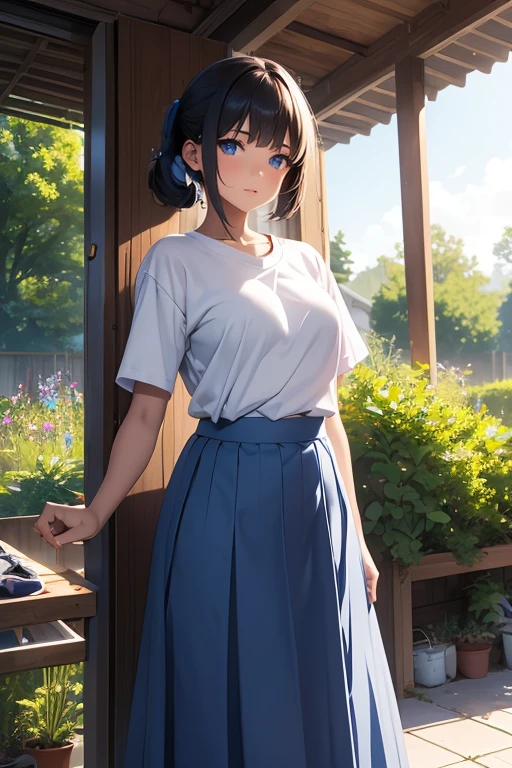 Naughty woman, , Wearing a uniform, Blue Skirt, Long skirt, Wearing a T-shirt, White T-shirt, Tucked in, wear straps, ID Owner, close, garden, nature, nature garden, anime,