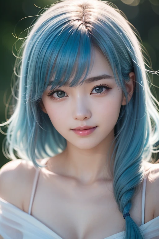 (highest quality, 32k, High resolution, masterpiece:1.5, ), painted in abstract style、Haunting fantasy portraits, ((In a swirl of fantastic pastel colors and soft light)), A sense of calming serenity and elusive beauty, Award-winning masterpiece with amazing details, Color and shape, Expressing emotions, Have a rich imagination, Cute Japanese Woman, full shot of full body, Perfect Human Anatomy, Big magic eye, A kind smile, Motherhood and generosity, ((Shiny light blue hair)), Beautifully groomed hair, Beautiful asymmetrical bangs, Hair between the eyes, white, Transparent and soft skin, Thin eyebrows, Transparent double eyelids, Pale pink lips, High resolutionの完璧な鎖骨, Slender body、Soft sunlight, Professional Lighting, Professional Photographer, Professional Model,Mysterious