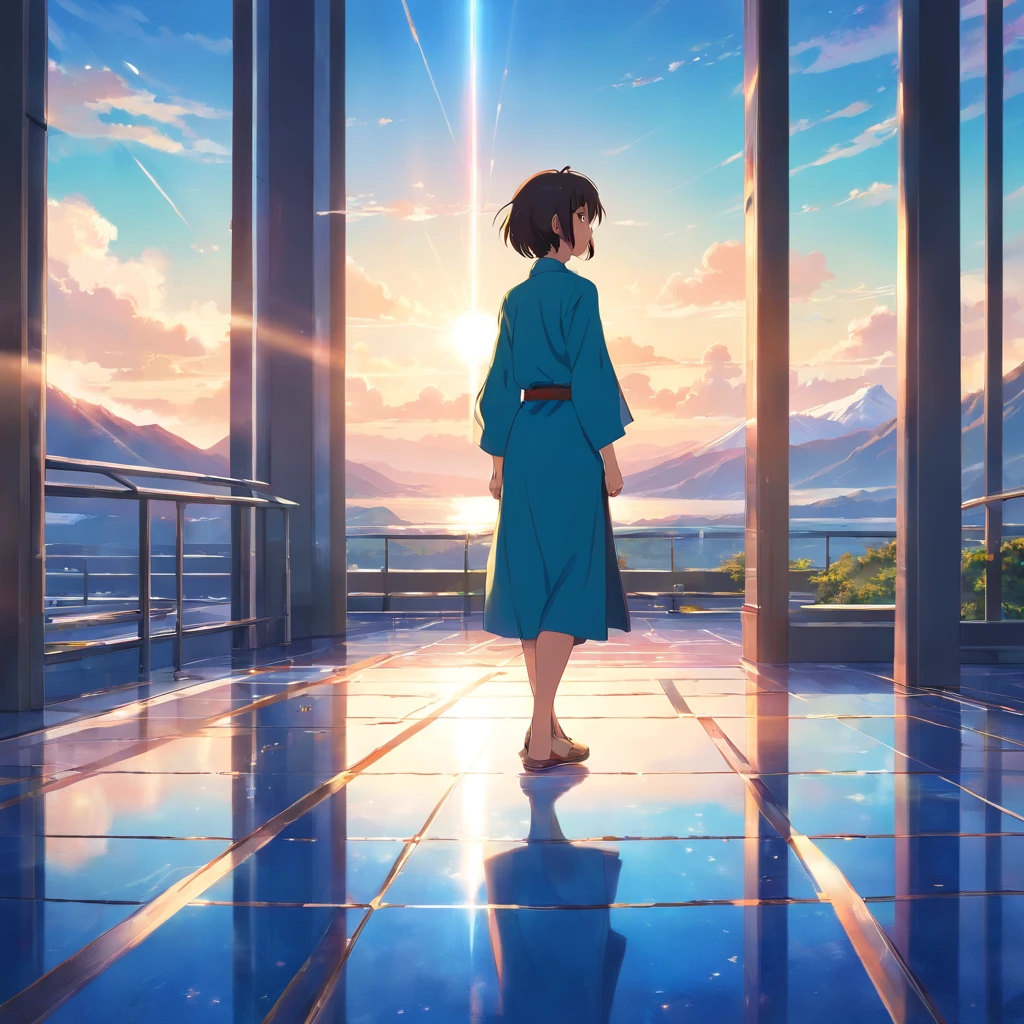 masterpiece、highest quality、Super fine、Lens flare、open、Spectacular views、nature、mountains、blue sky、Stained glass floor、one person、male、walk