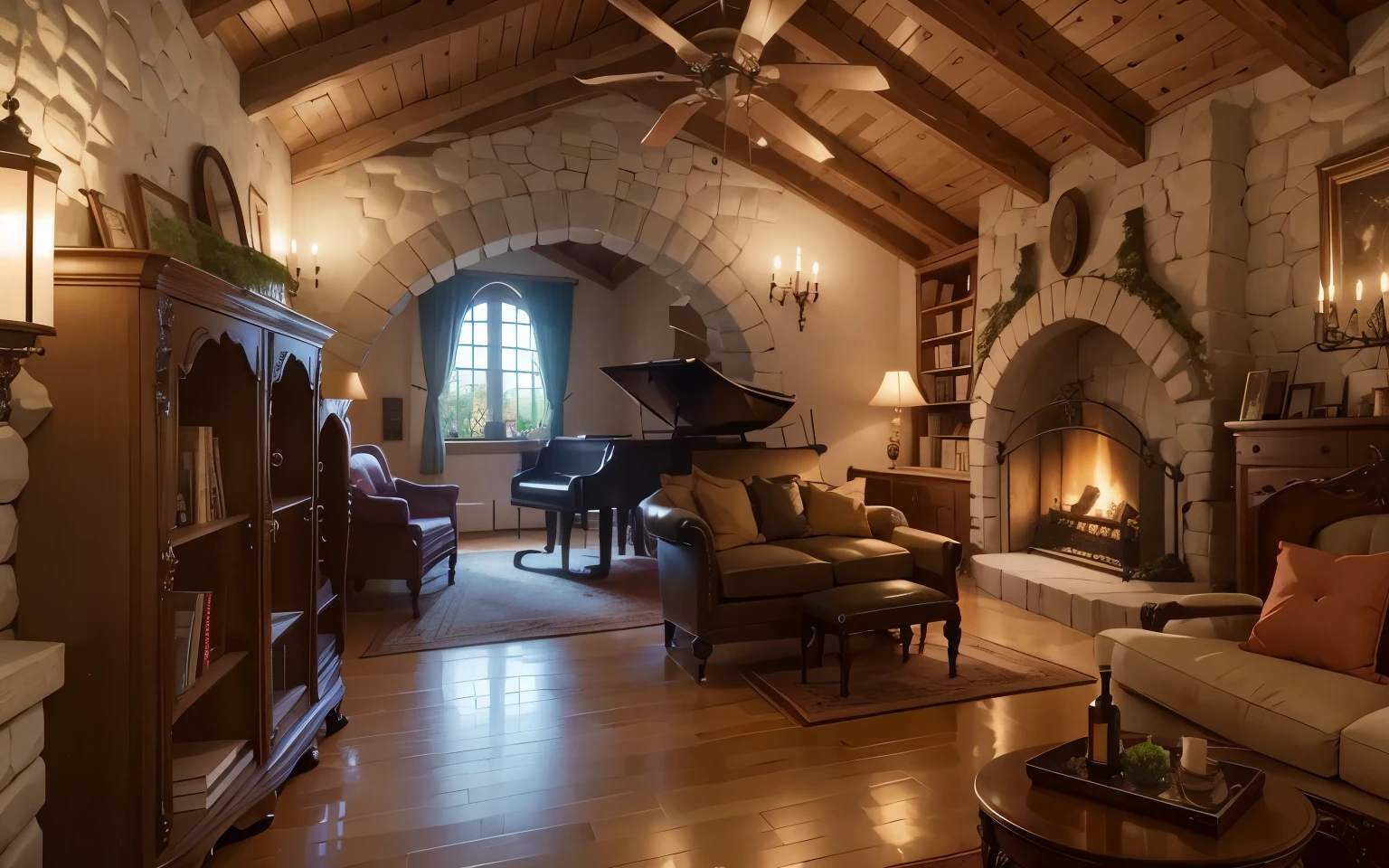 a cozy castle room with fireplace, a beauty piano next window