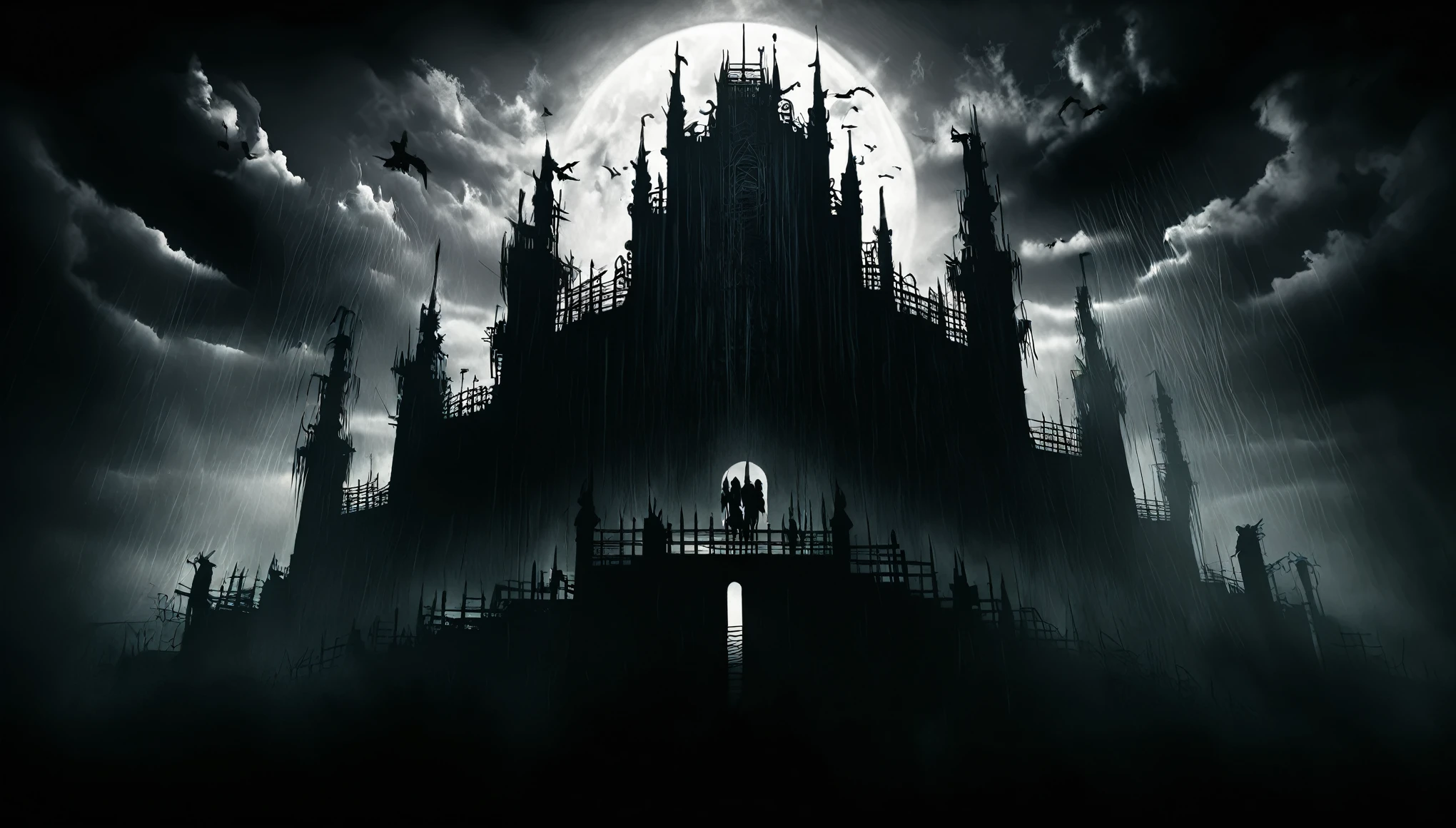A labyrinth of towering structures looms ominously in the dark, their silhouettes merging with sinister shadows, evoking an unsettling sense of dread.
