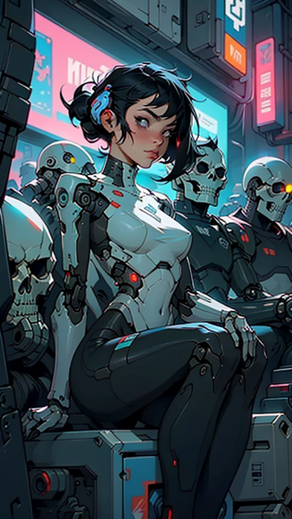 a woman sitting in front of a bunch of robots, cyberpunk art, by Ross Tran, 9gag, the mekanik doll, cyberpunk skeleton, jet black haired cyberpunk girl
