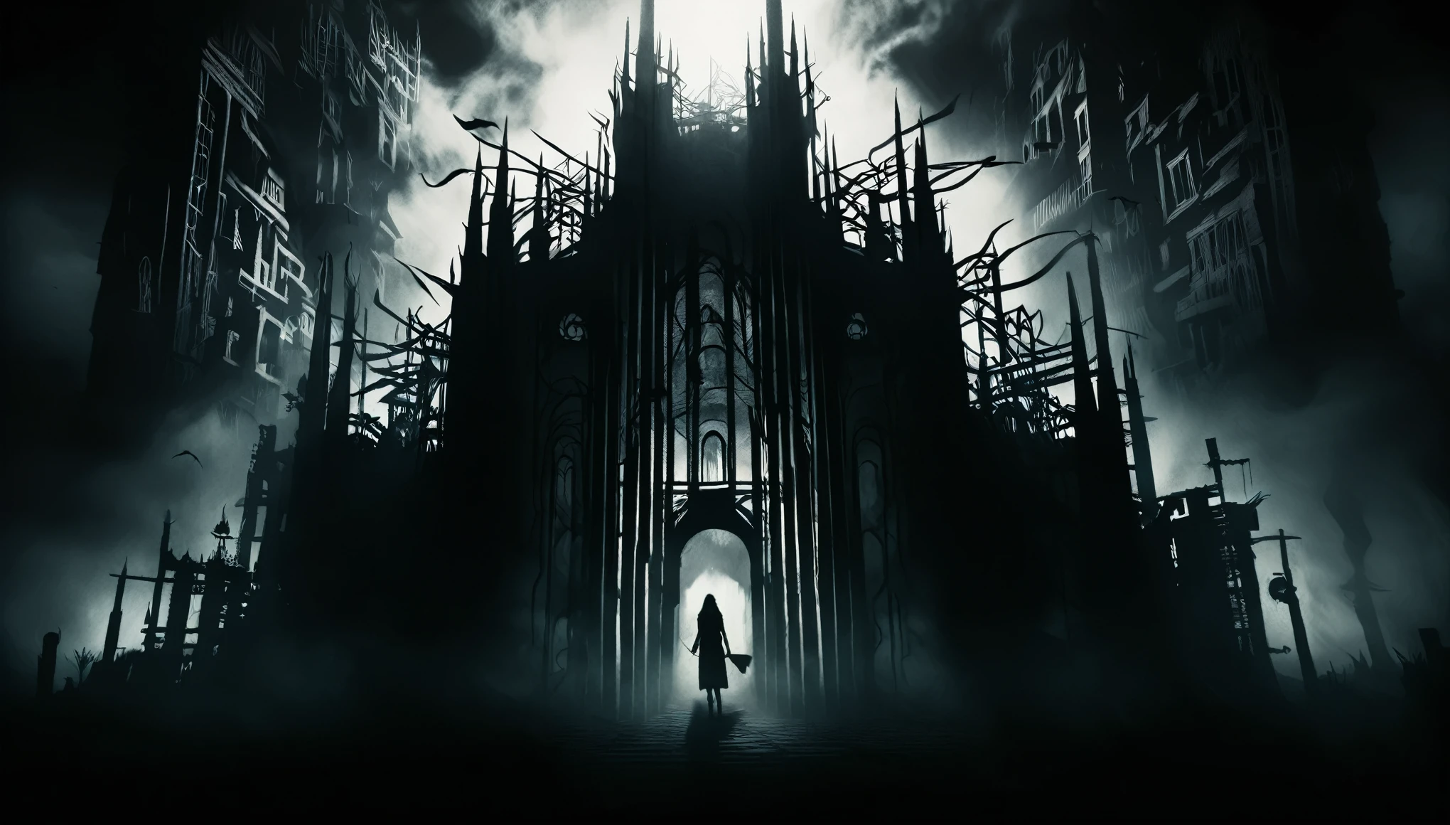 A labyrinth of towering structures looms ominously in the dark, their silhouettes merging with sinister shadows, evoking an unsettling sense of dread.