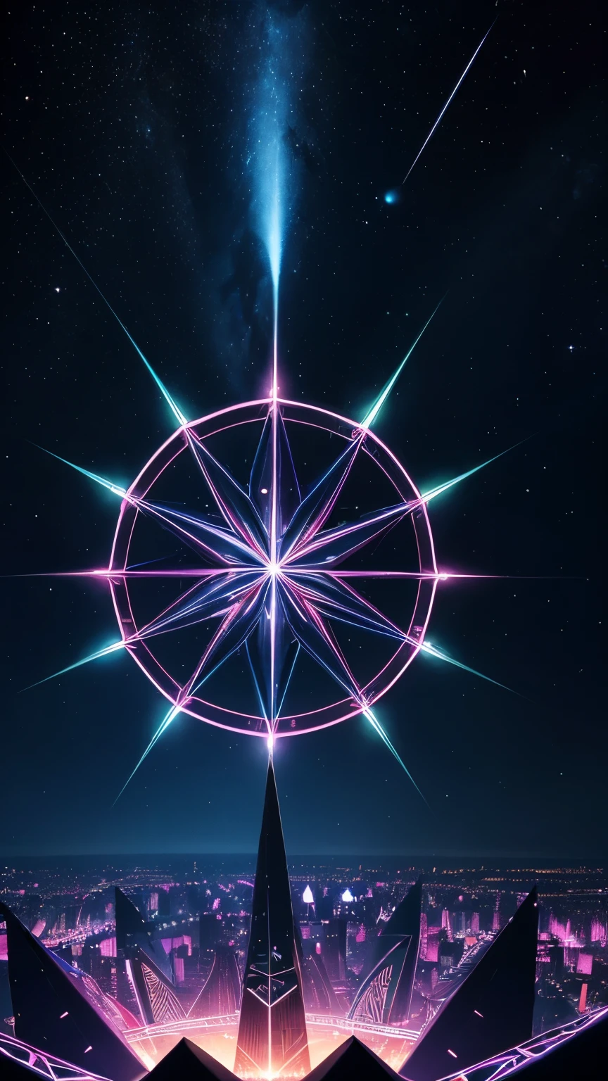best quality, super fine, 16k, incredibly absurdres, extremely detailed, heptagram, iridescent neon light shooting into the sky from the top of seven-pointed star, kaleidoscope floating in the sky, beautiful, cool, cute, the moment of the birth of life, planetarium-like design artwork