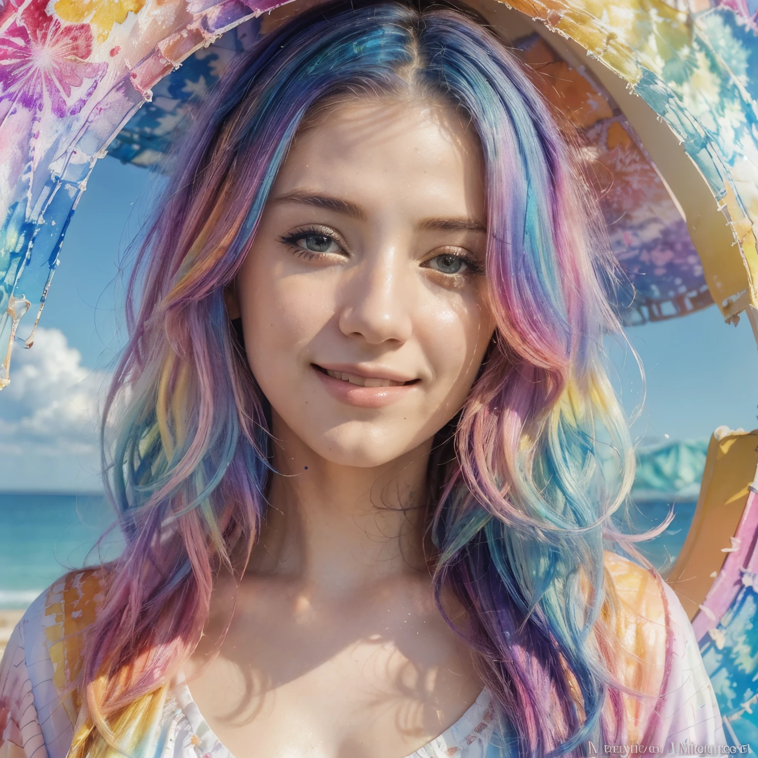 (Masterpiece, Top Quality, Best Quality, Watercolor (Medium), Official Art, Beautiful and Aesthetic: 1.2), (1 Girl: 1.3), (Fractal Art: 1.3), Morning, Good Morning, Smile, Sunny Day, Cheerful, Look Viewer, Pattern, Wave, (Iridescent Hair, Colorful Hair: 1.2), Sky, Gas, Clouds, Colorful, Soap Bubbles