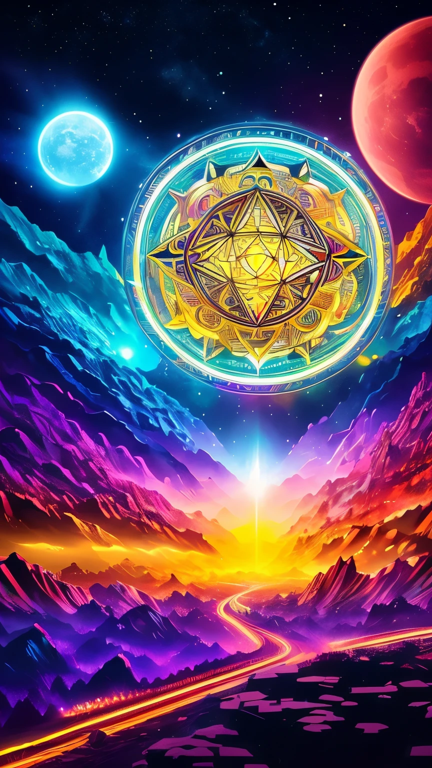 best quality, super fine, 16k, incredibly absurdres, extremely detailed, heptagram, iridescent neon light shooting into the sky from the top of seven-pointed star, kaleidoscope floating in the sky, beautiful, cool, cute, the moment of the birth of life, planetarium-like design artwork
