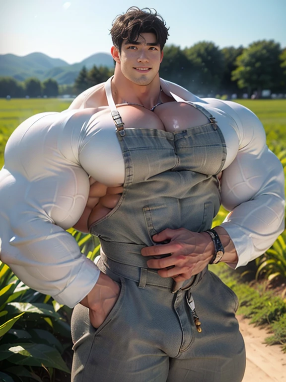 (best quality:1.5, hyperrealistic:1.5, photorealistic:1.4, madly detailed CG unity 8k wallpaper:1.5, masterpiece:1.3, enthusiastically detailed photo:1.2), (hyper-realistic lifelike texture:1.4), highly detailed, ((masterpiece, best quality)) ,extremely detailed 8K wallpaper, 1 korean male, (korean man with k-pop idol look), 20yo, handsome, detailed face, hyper muscle, stubble, wear farmer overall, prominent bulge, photo real, illuminating light, big, brutalmass, giant muscular bodybuilder, bulk, massive body, large size, smile, corn field, outdoor
