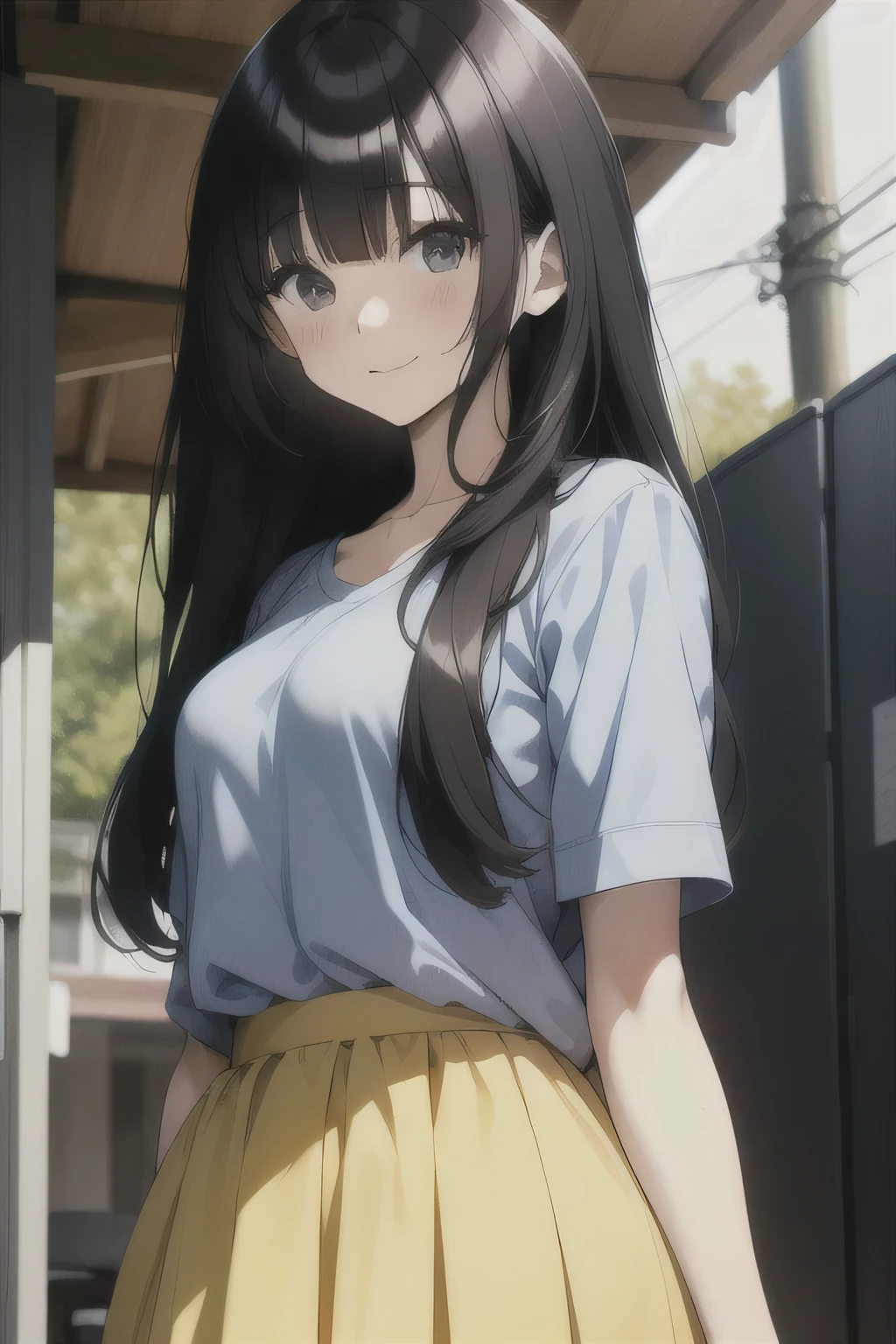 A girl is in、sobu、brightly、The shirt、skirt by the、Summer clothing、Morning、Long black hair、Upper body portrait