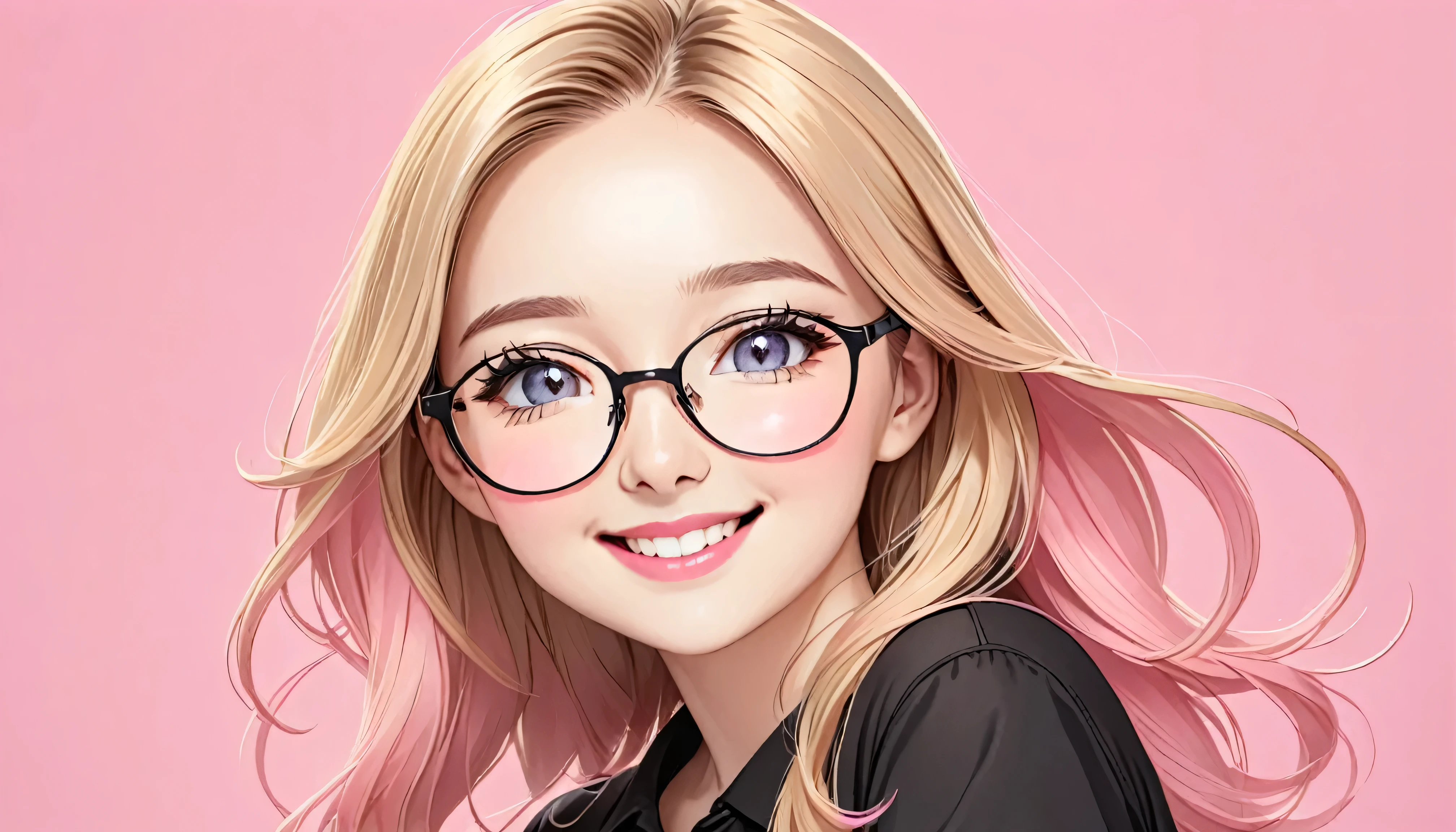best quality, Illustration, 7's years teen woman, solo, cartoon portrait, simple background, blonde long hair fluttering hair, pink lips, black shirt, black glasses, smile on her face, beautiful eyes with a look
