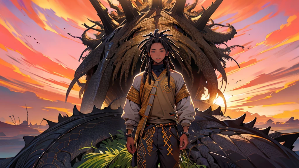 An African boy in normal teenage clothes with small dreadlocks black skin walking in the African desert meets a large black dragon standing, garoto com rosto perfeito olhos castanhos, rosto perfeito, ((melhor qualidade)), ((obra de arte))