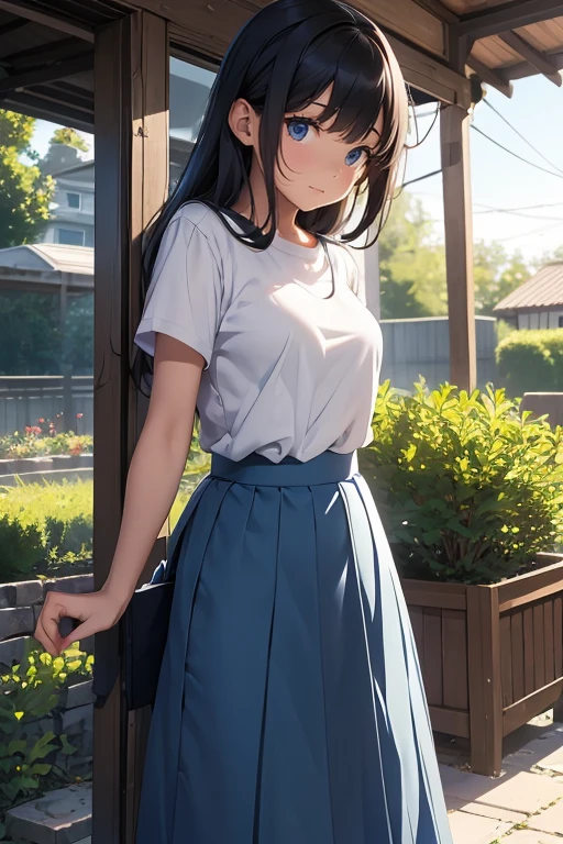 Naughty woman, 16 years old, Wearing a uniform, Blue Skirt, Long skirt, Wearing a T-shirt, White T-shirt, Tucked in, wear straps, ID Owner, close, garden, nature, nature garden, anime, Splash