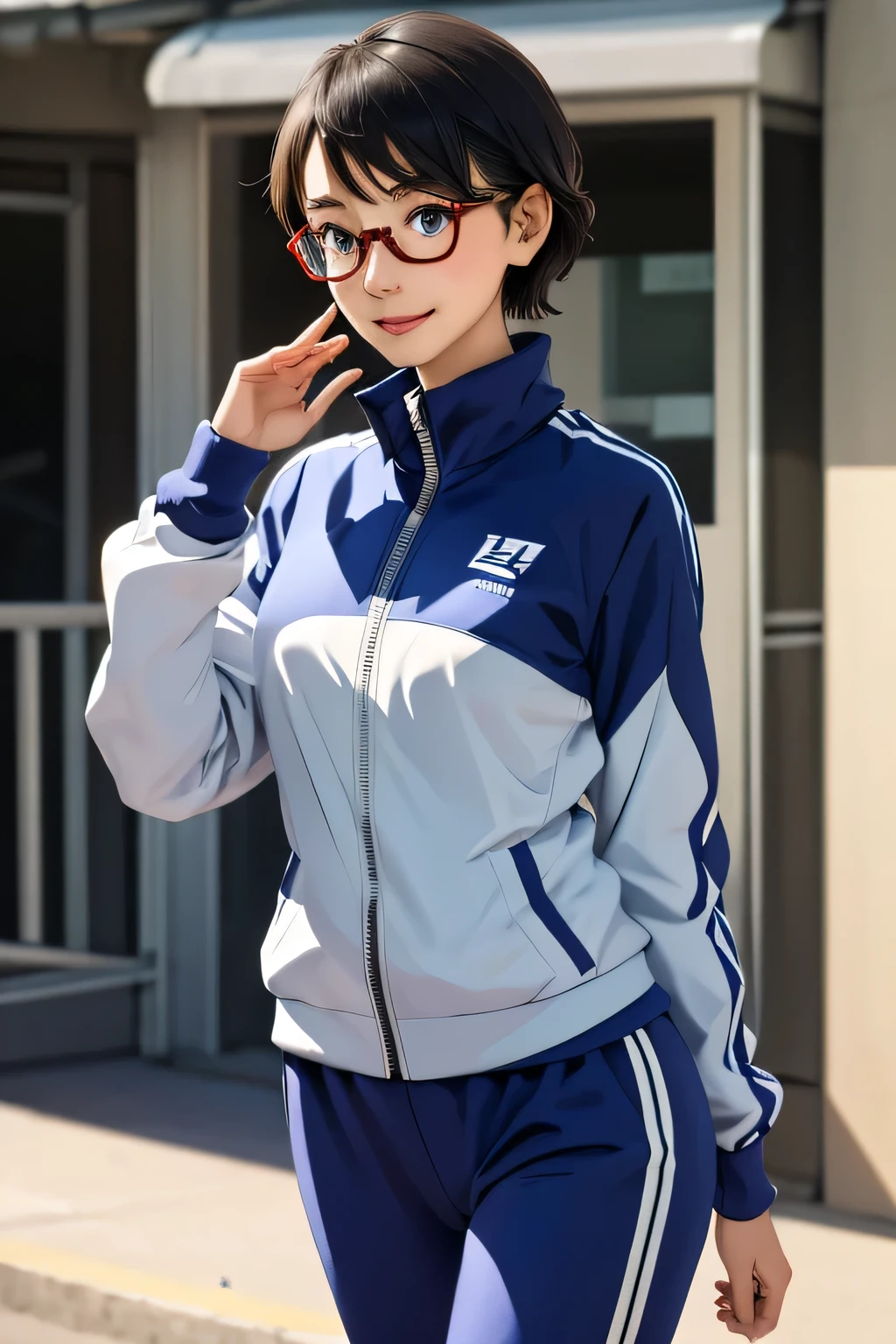 (masterpiece, highest quality), One girl, Satou, Satou, Glasses, Glasses with red frames, Under-rim eyewear, Satou, Glasses, Glasses with red frames, Under-rim eyewear, Track jacket, Track pants
