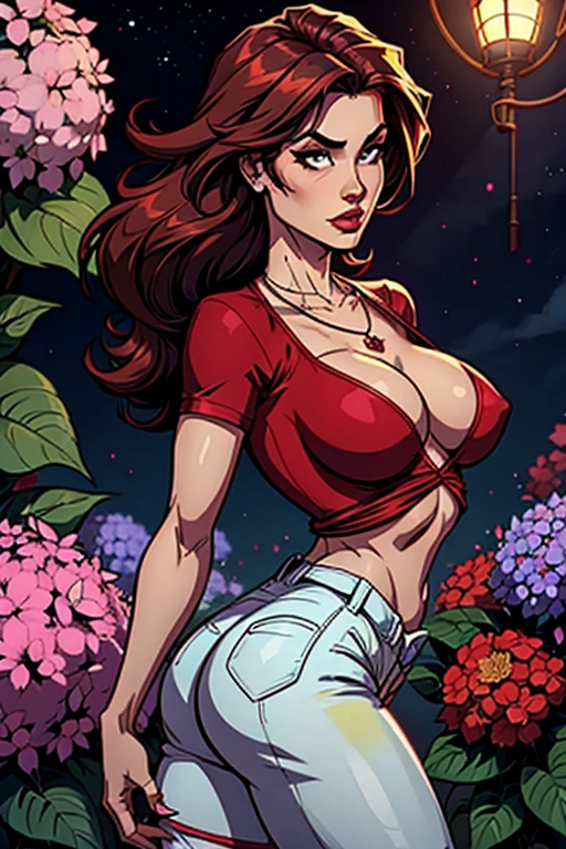 4K, June Scenario, Mulher bonita, Cabelo longo, cabelo castanho, medium breasts, olhos azuis, camisa branca, hot pants, neon red heart necklace, olhando para o espectador, noite, colorful hydrangea