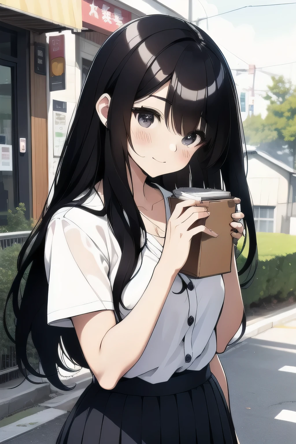 A girl is in、sobu、brightly、The shirt、skirt by the、Summer clothing、Morning、Long black hair、Upper body portrait
