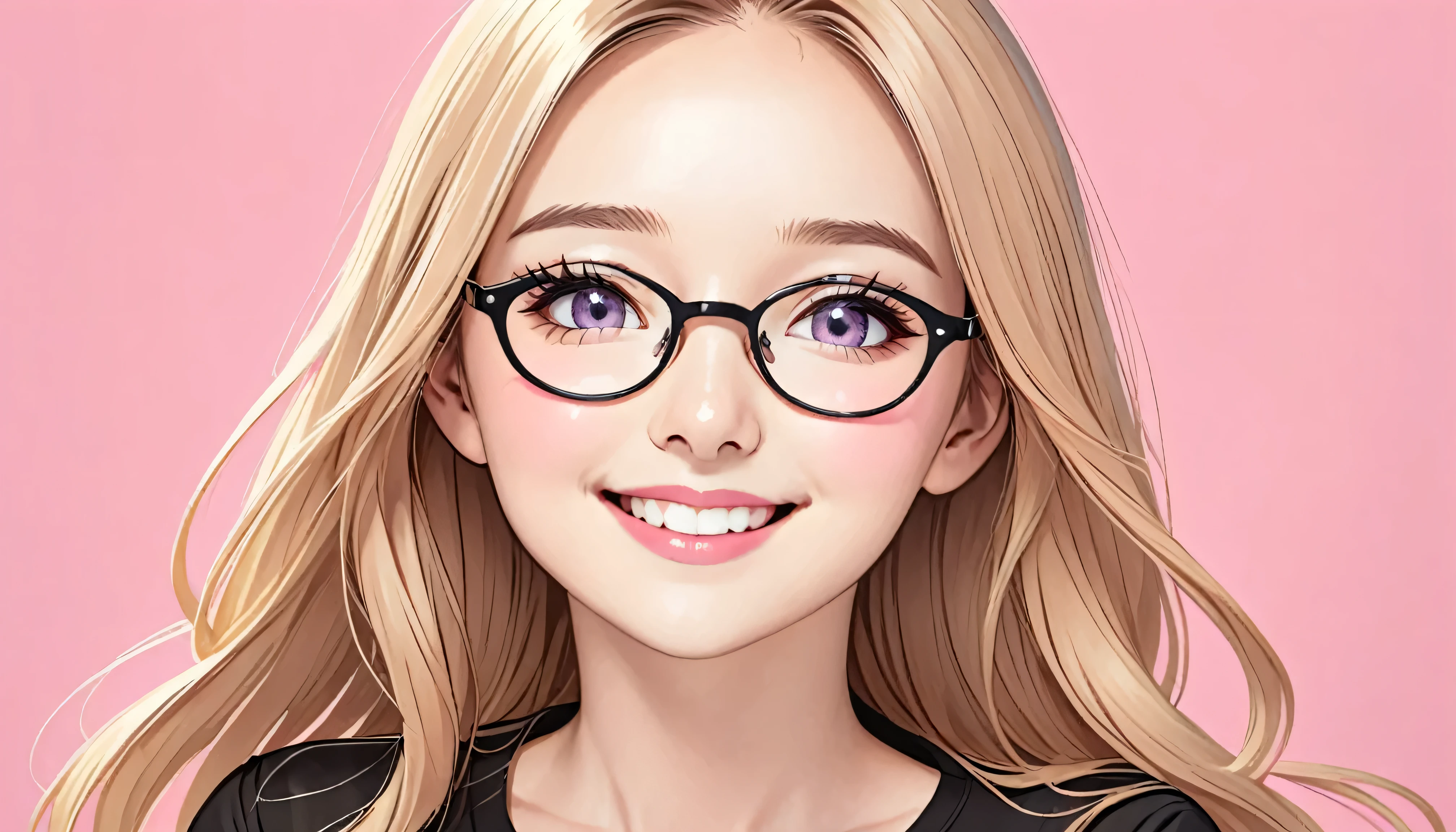best quality, Illustration, 7's years teen woman, solo, cartoon portrait, simple background, blonde long hair fluttering hair, pink lips, black shirt, black glasses, smile on her face, beautiful eyes with a look