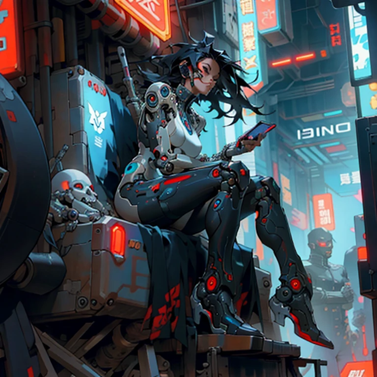 a woman sitting in front of a bunch of robots, cyberpunk art, by Ross Tran, 9gag, the mekanik doll, cyberpunk skeleton, jet black haired cyberpunk girl