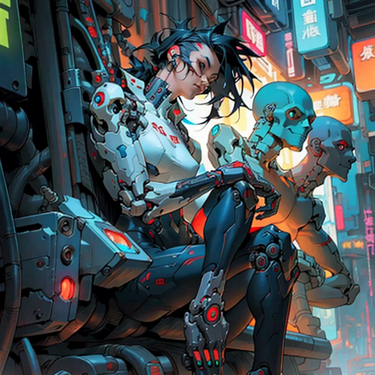 a woman sitting in front of a bunch of robots, cyberpunk art, by Ross Tran, 9gag, the mekanik doll, cyberpunk skeleton, jet black haired cyberpunk girl