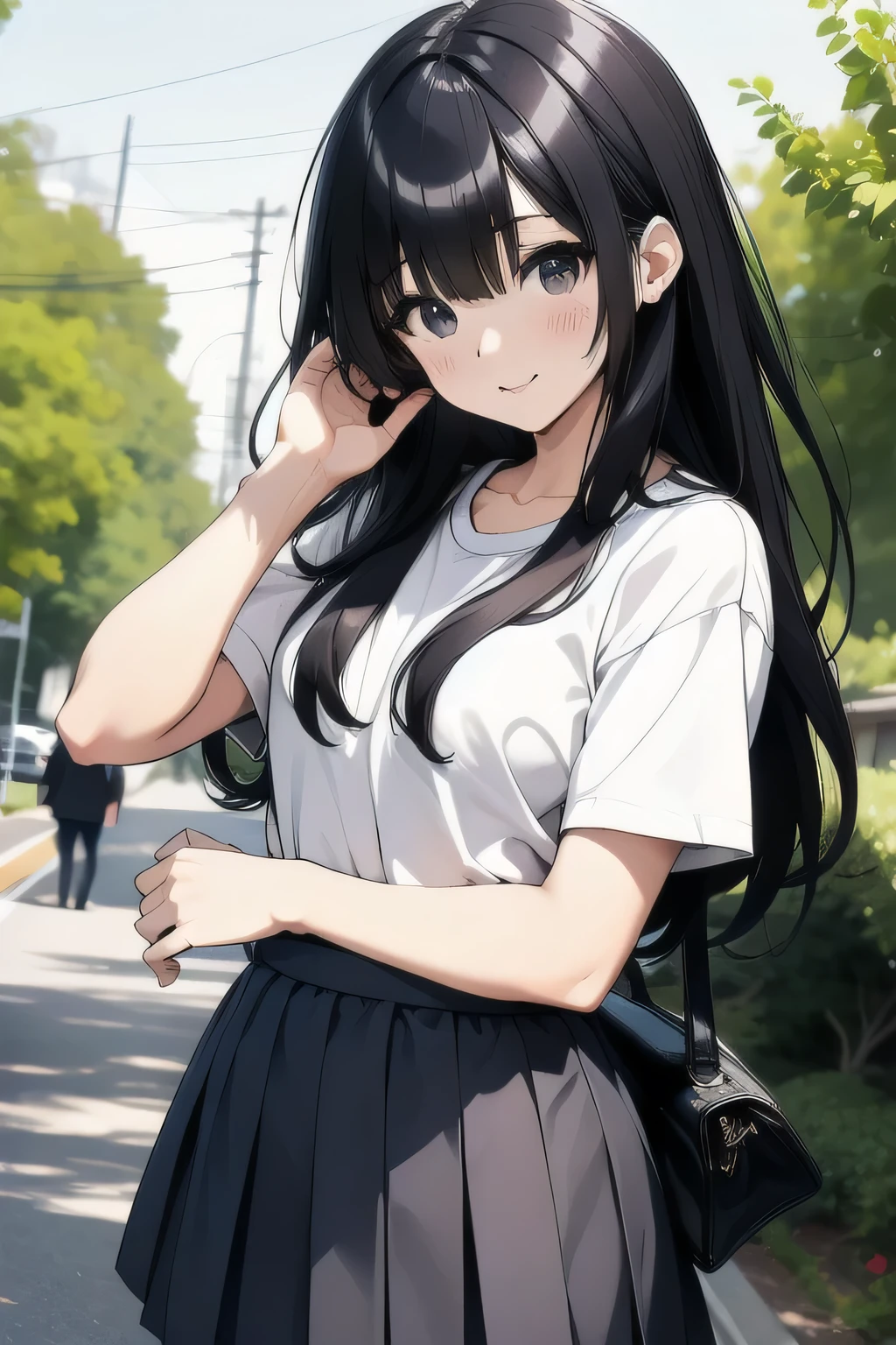 A girl is in、sobu、brightly、The shirt、skirt by the、Summer clothing、Morning、Long black hair、Upper body portrait