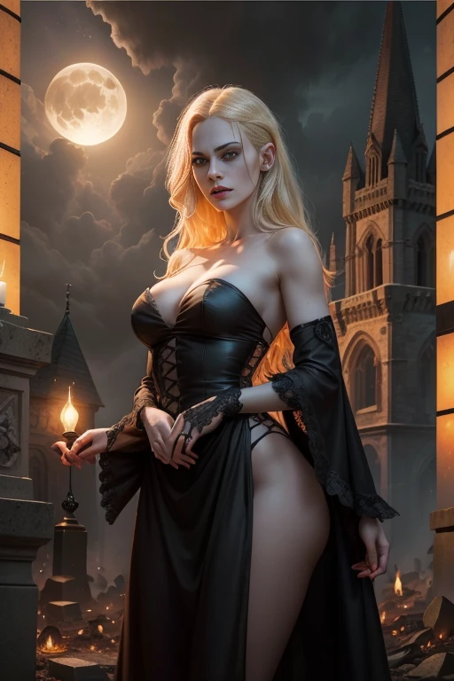 detailed eyes, vampire teeth, ancient castle, dark atmosphere, moonlight, Gothic architecture, misty forest, mysterious, eerie shadows, blood-red sky, medieval weapons, eerie silence, sinister laughter, bats flying, full moon, cobwebs, old manuscripts, ancient spells, haunting melodies, night creatures, flickering torches, secret passages, silver jewelry, vampire fangs, menacing presence, thunderstorm, creepy portraits, crumbling tombstones, dilapidated furniture, stone gargoyle, hidden coffins, forbidden love, eternal darkness, enchanting beauty, supernatural powers, totally , big ass, titscantily clnudes, golden hair, e hair, red hair