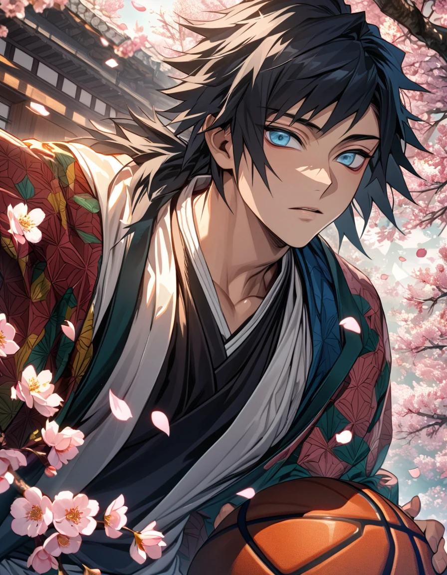 Ultra detailed, Highres, HDR, absurdres, Tomioka Giyuu, black hair with bangs, expressive blue eyes, patterns, Kimetsu No Yaiba, sexy man, handsome, solo, extremely detailed face and eyes, petals, blossoms, spring, master piece, basketball uniform