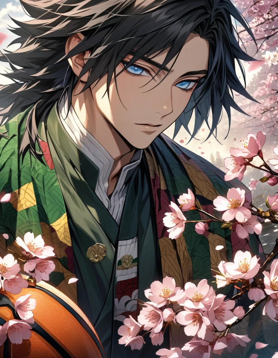Ultra detailed, Highres, HDR, absurdres, Tomioka Giyuu, black hair with bangs, expressive blue eyes, patterns, Kimetsu No Yaiba, sexy man, handsome, solo, extremely detailed face and eyes, petals, blossoms, spring, master piece, basketball uniform