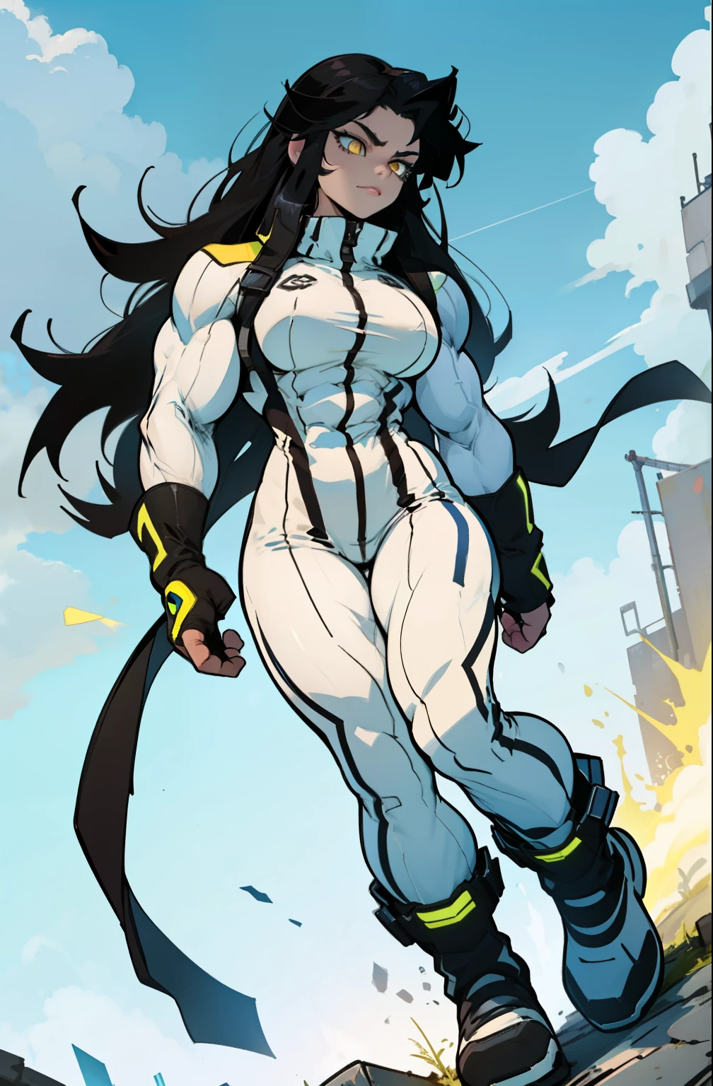(((((1 girl))))), black hair, yellow eyes, very long hair, ((((((muscular)))))), tall, pale skin, bodysuit, ((full body)), (solo) large breasts female