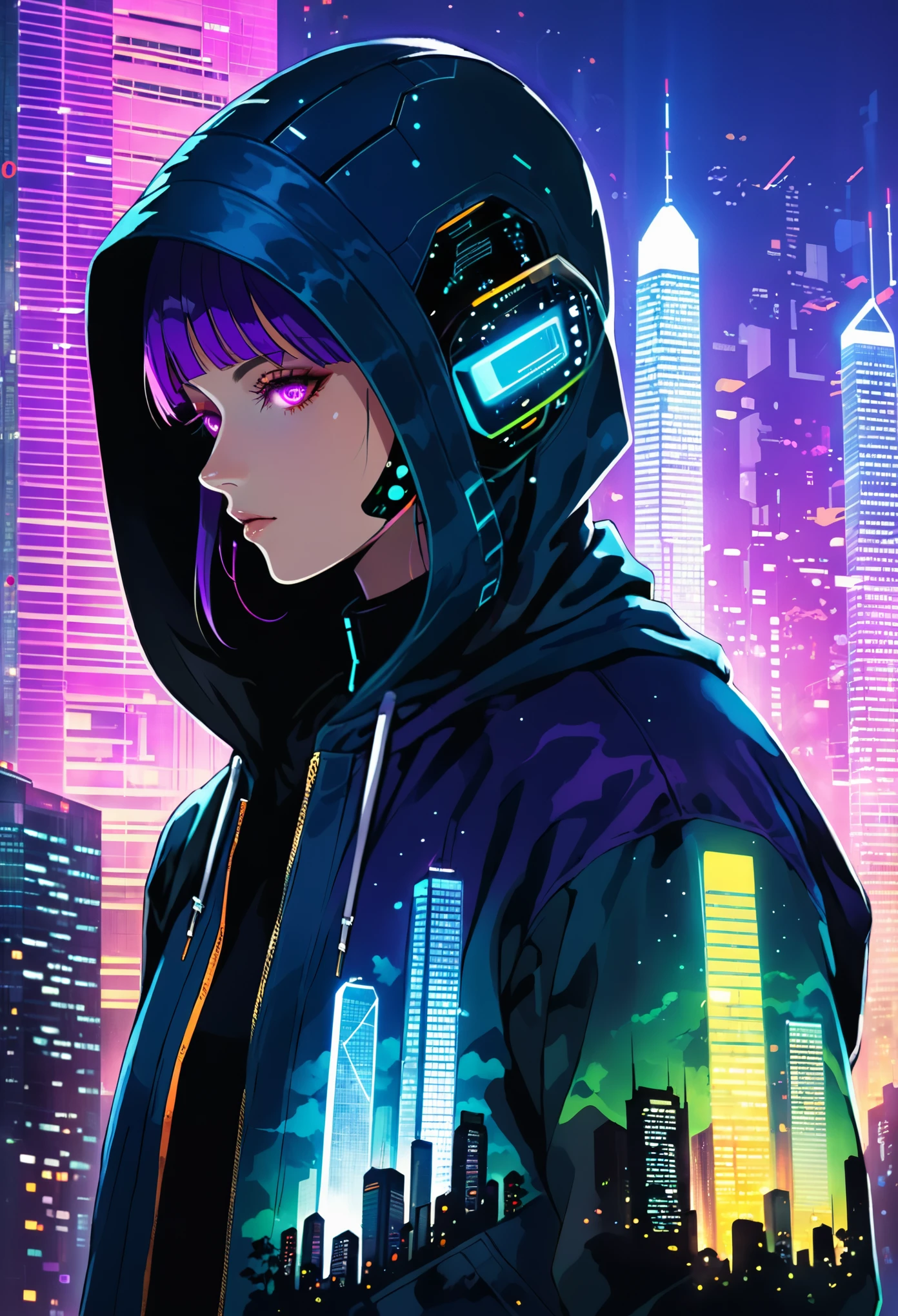 (bright cityscape pattern on clothes:2.4),(wide hood:1.4),(hood worn:3.1),solo,jacket,glowing,hooded jacket,((((((tall cyber building background:2.2)))))),(from side:1.5),black hair,1girl,(vivid glow print on hood:1.8),(blue-purple gradient hooded jacket:1.7),building,looking at viewer,upper body,closed mouth,long sleeves,bangs,outdoors,purple eyes,city,science fiction,profile,multicolored hair,cyberpunk,signature,glowing eyes,sky,urban motif on the hood,vivid color,cyberpunk style,double exposure,(silhouette face:1.5),night,glowing neon,(looking_away:1.2),(don't look at the audience:1.1),