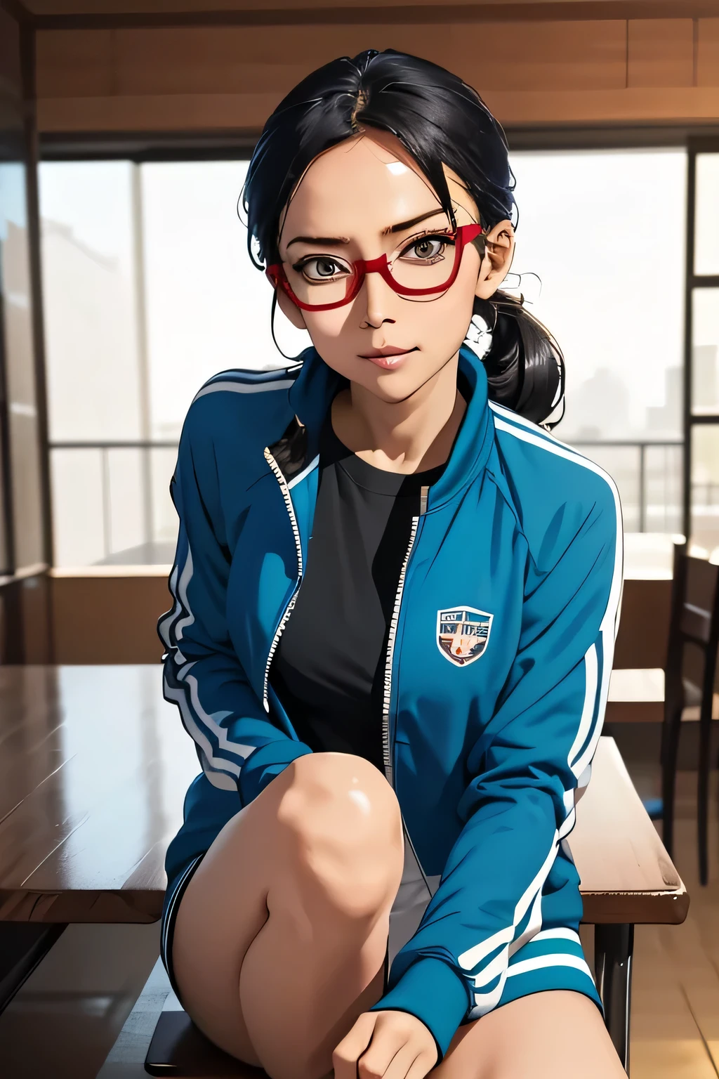 (masterpiece, highest quality), One girl, Satou, Satou, Glasses, Glasses with red frames, Under-rim eyewear, Satou, Glasses, Glasses with red frames, Under-rim eyewear, Track jacket, Track pants