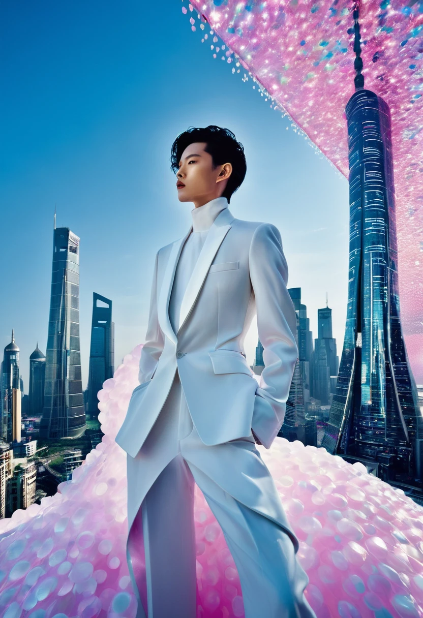 Step into a dreamscape where a high fashion model dons an avant-garde version of the Zhongshan suit by Yohji Yamamoto. This low angle view for V Magazine taken in a futuristic Shanghai skyline, demonstrates the visionary aesthetic of Pierre et Gilles