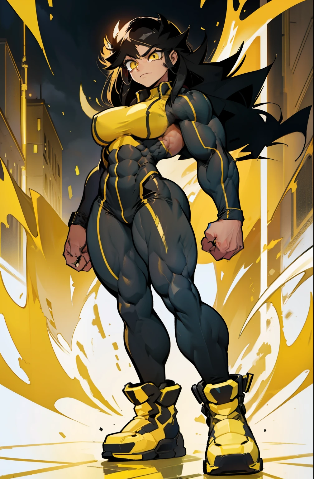 (((((1 girl))))), black hair, yellow eyes, very long hair, huge breasts, ((((((muscular)))))), tall, pale skin, bodysuit, ((full body)), (solo)